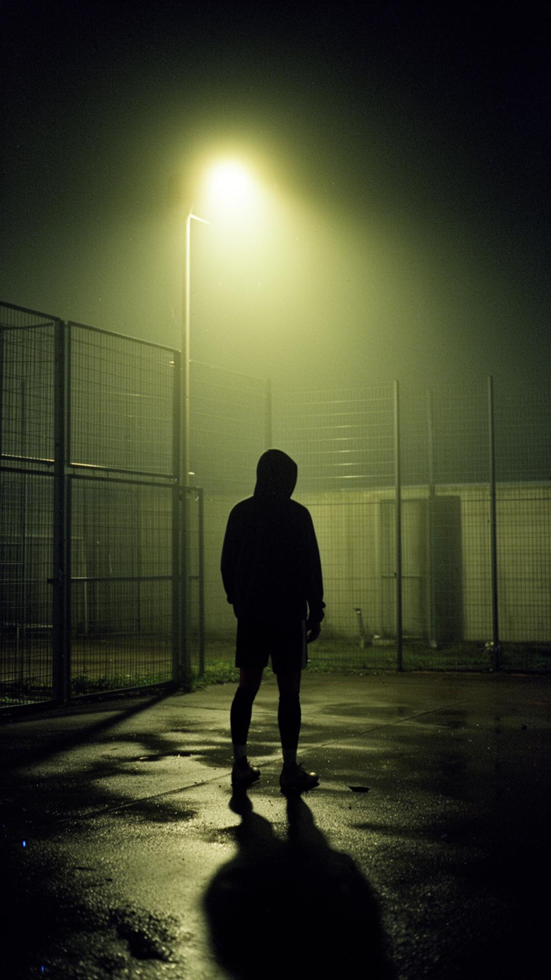 Hooded street footballer alone in a floodlit cage