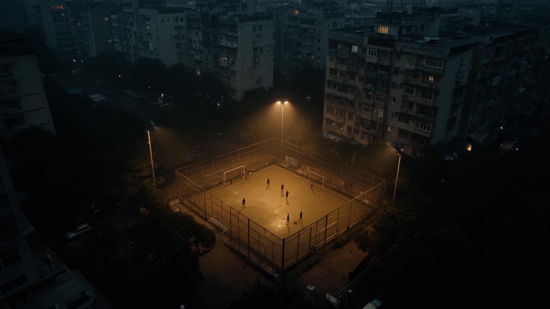 Aerial view of a floodlit cage in a global city