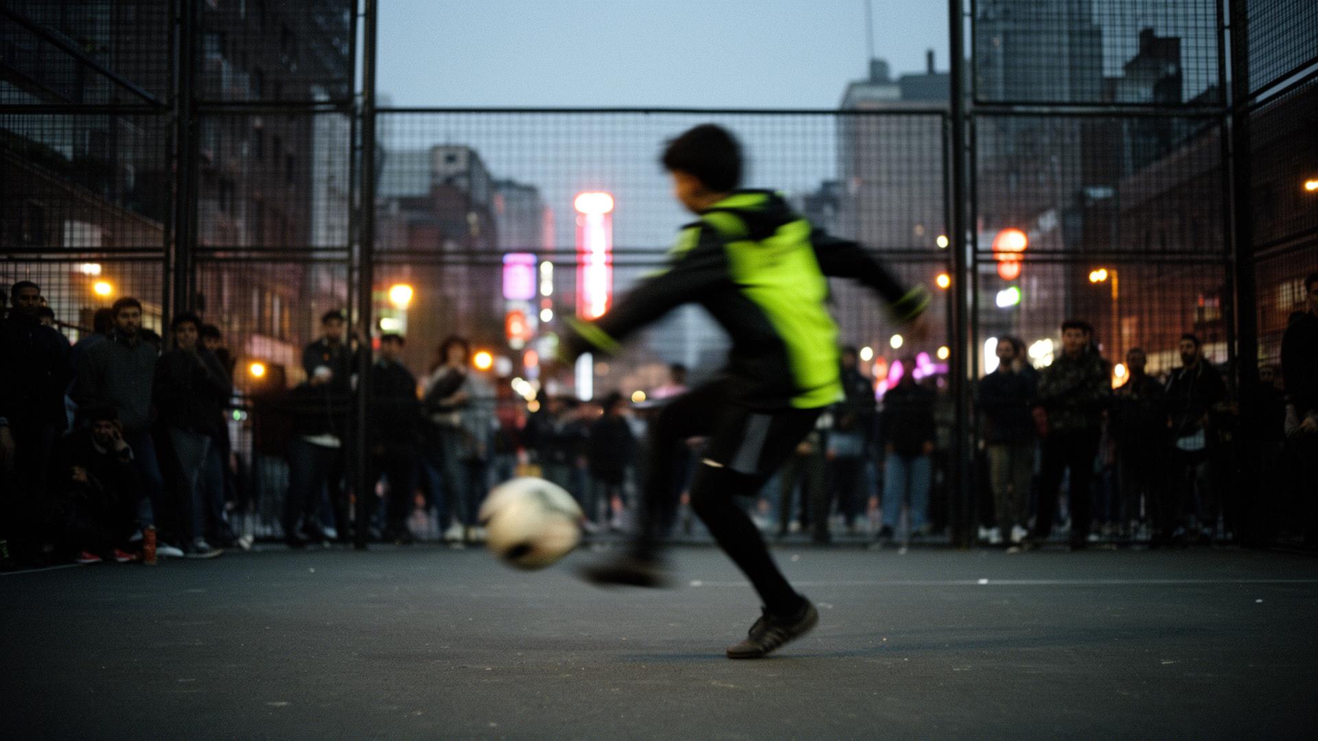 Street footballer mid-skill in a floodlit cage